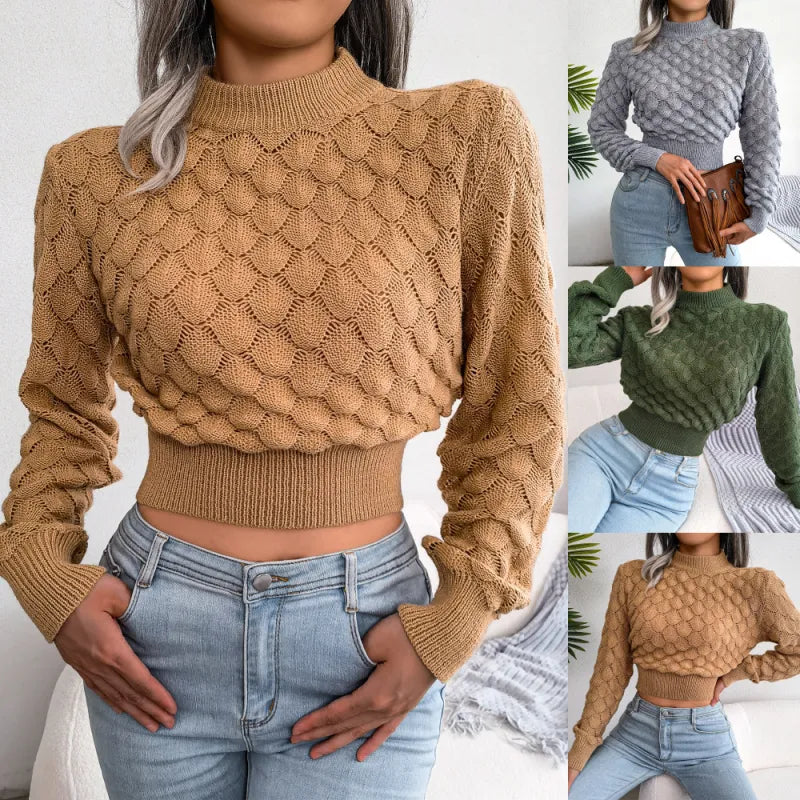 Women's 3D Diamond Hollow Knitted Navel Sweater – Long-Sleeve Stylish Acrylic Top