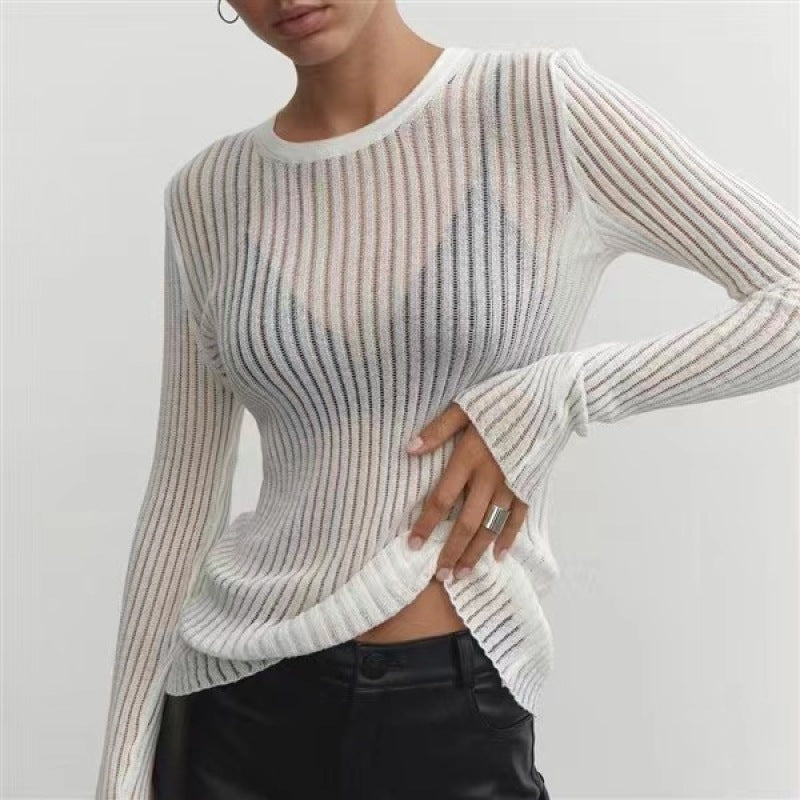 Round Neck Thin Breathable Knitted Wool Top – Long Sleeve Pullover for Women