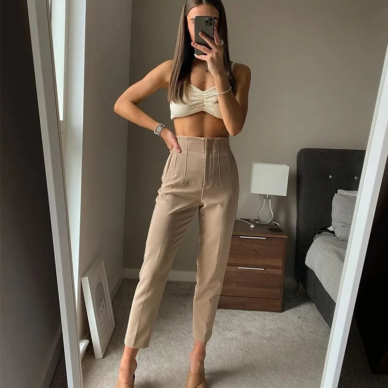 Women’s Casual Fashion Straight-Leg Pants - Multi-Bag High-Waist Design