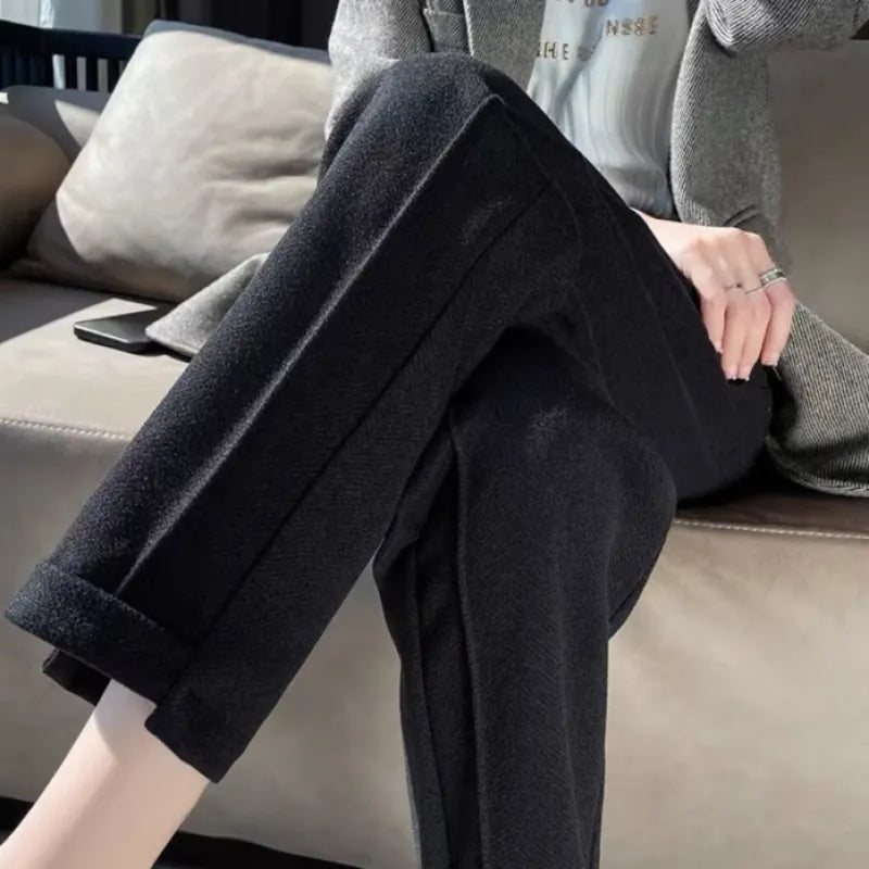 Women's High-Waist Woolen Cigarette Pants – Thickened Cropped Pants for Autumn and Winter