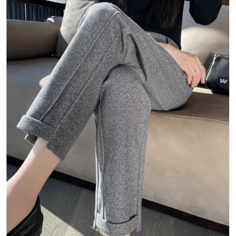 Women's High-Waist Woolen Cigarette Pants – Thickened Cropped Pants for Autumn and Winter