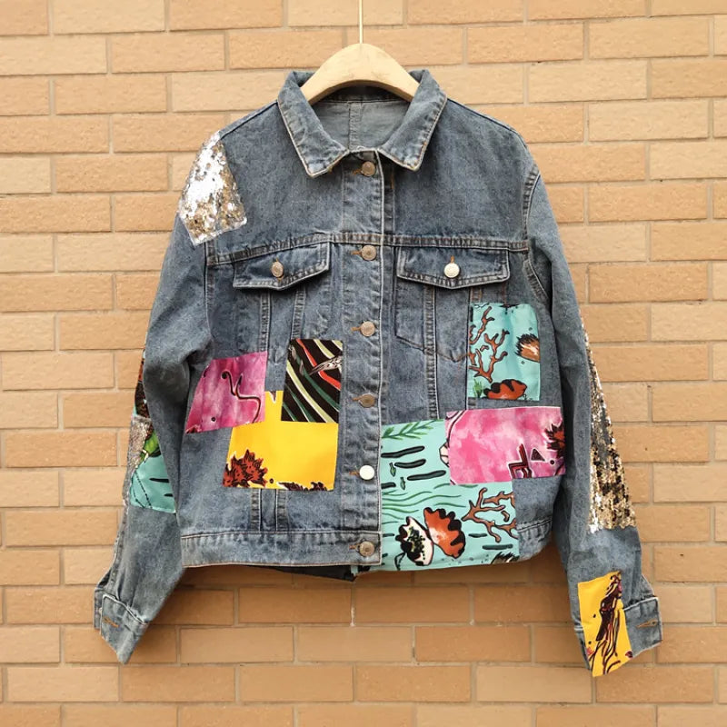 Bohemian Denim Jacket with Cartoon Print