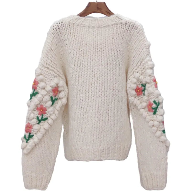 Women's Flower Embroidery Wool Sweater Coat