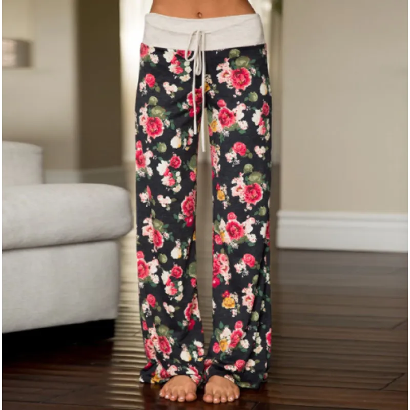 Women's Loose Floral Print Wide Leg Pants – Mid-Waist Straight Trousers for Everyday Comfort