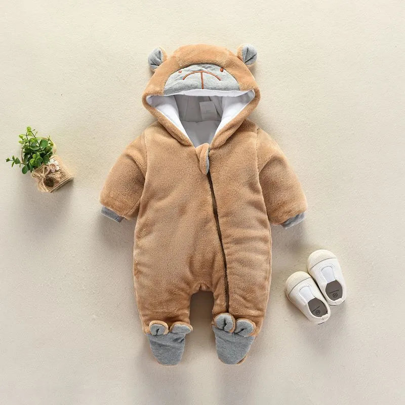 Autumn and Winter Newborn Climbing Suit Cozy Hooded Flannel Romper for Babies