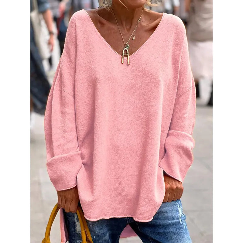 Women's Solid Color V-Neck Long Sleeve Loose Casual Top