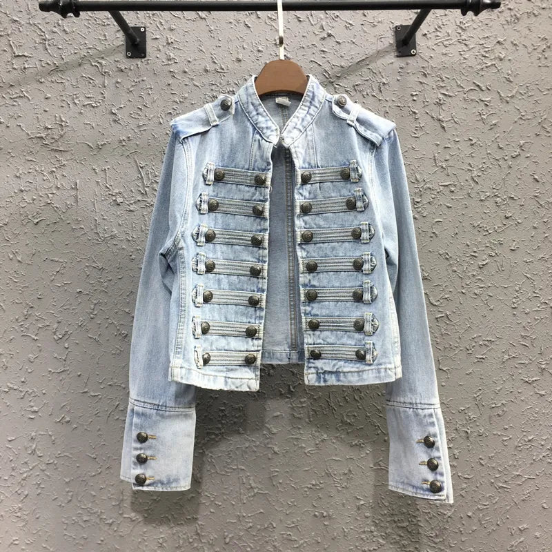 Handsome Military-Style Double-Breasted Stitching Short Denim Jacket