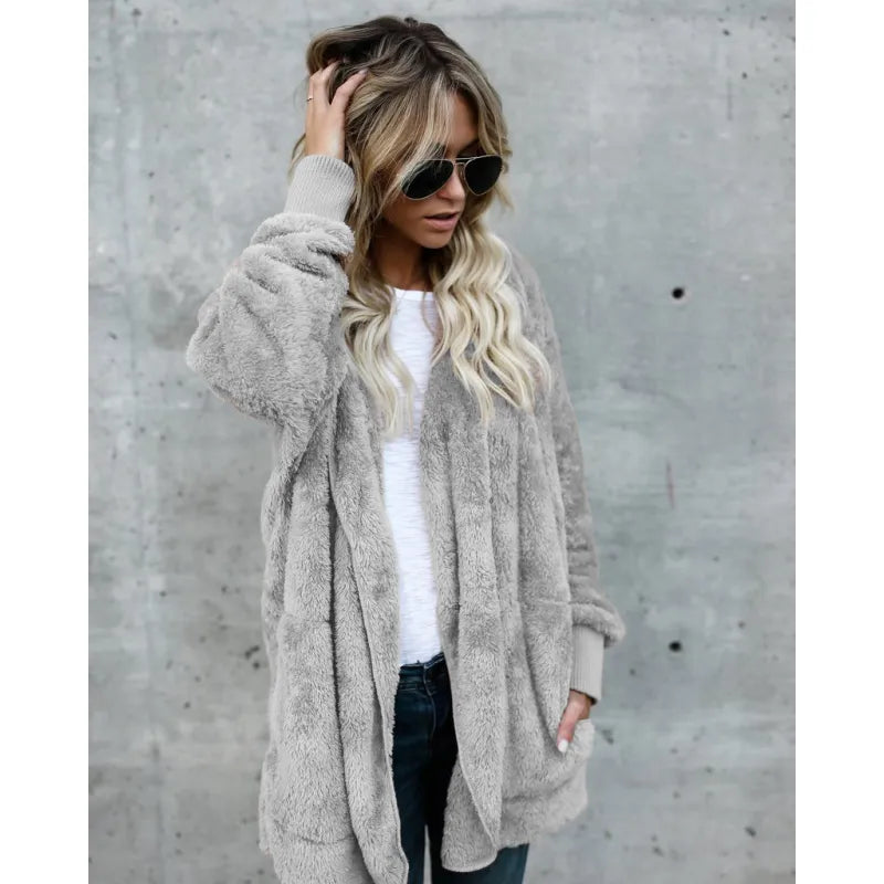 Mid-Length Hooded Fleece Coat – Double-Sided Anti-Fur Winter Cardigan for Women