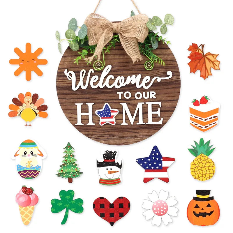 Interchangeable Wooden Door Hanger with Seasonal Magnetic Ornaments Welcome Home Décor