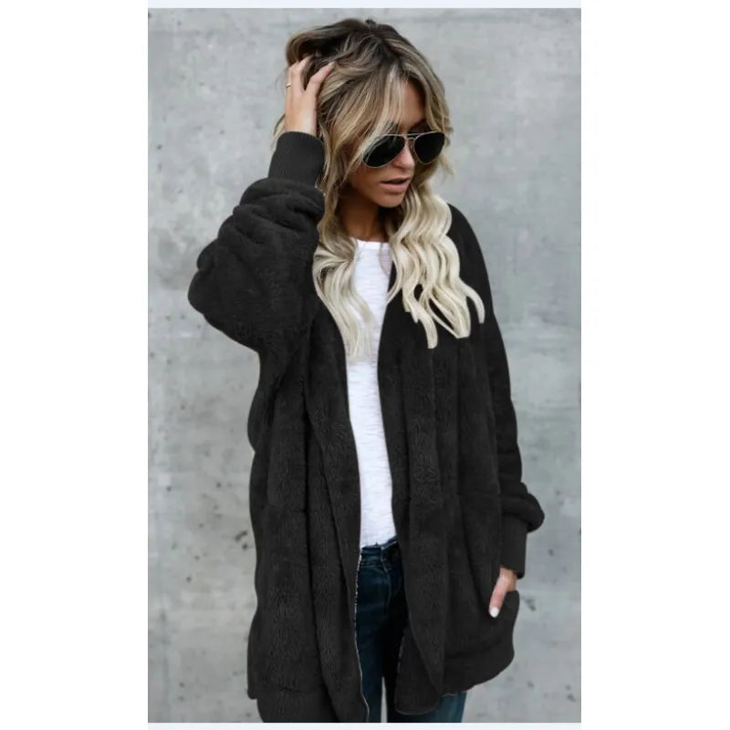 Mid-Length Hooded Fleece Coat – Double-Sided Anti-Fur Winter Cardigan for Women