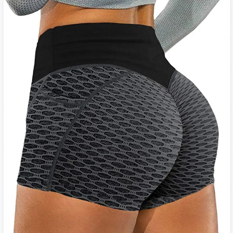 Honeycomb Jacquard Sports Yoga Shorts - High-Waist Pocket Fitness Pants for Women