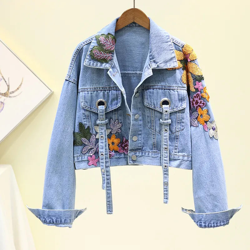 Women's Short Denim Jacket with Floral Embroidery