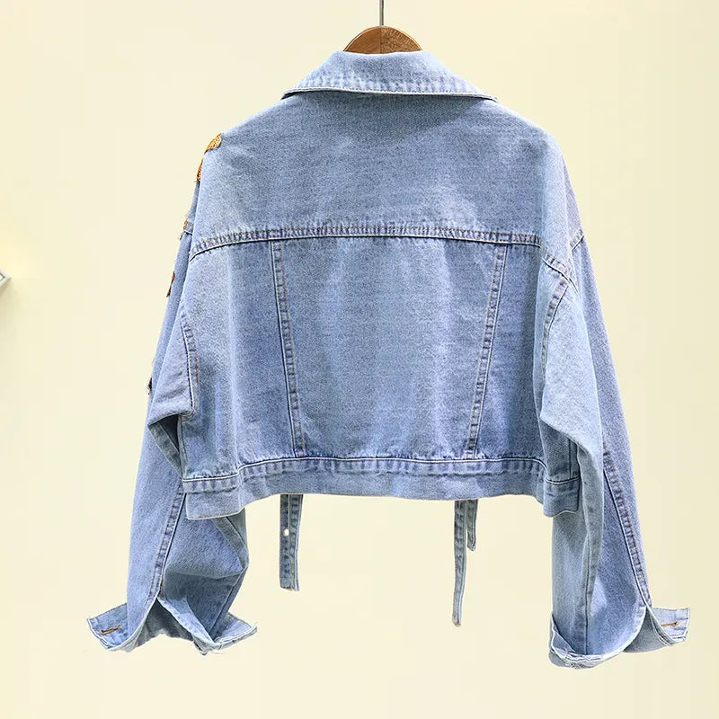 Women's Short Denim Jacket with Floral Embroidery