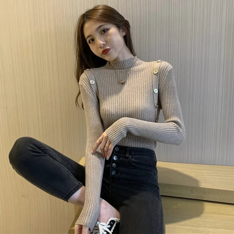 Women's Slim Fit Long Sleeve Knitted Sweater – Elegant Half Turtleneck Feminine Inner Wear