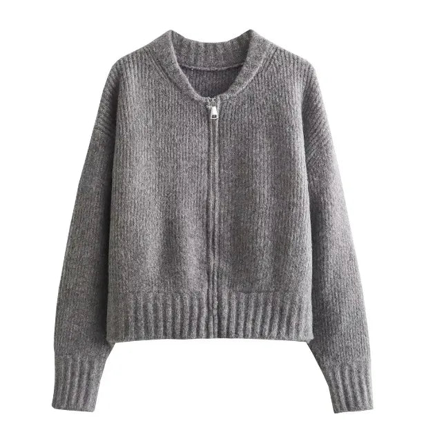 European and American Style Round Neck Long Sleeve Zipper Knitted Cardigan Sweater