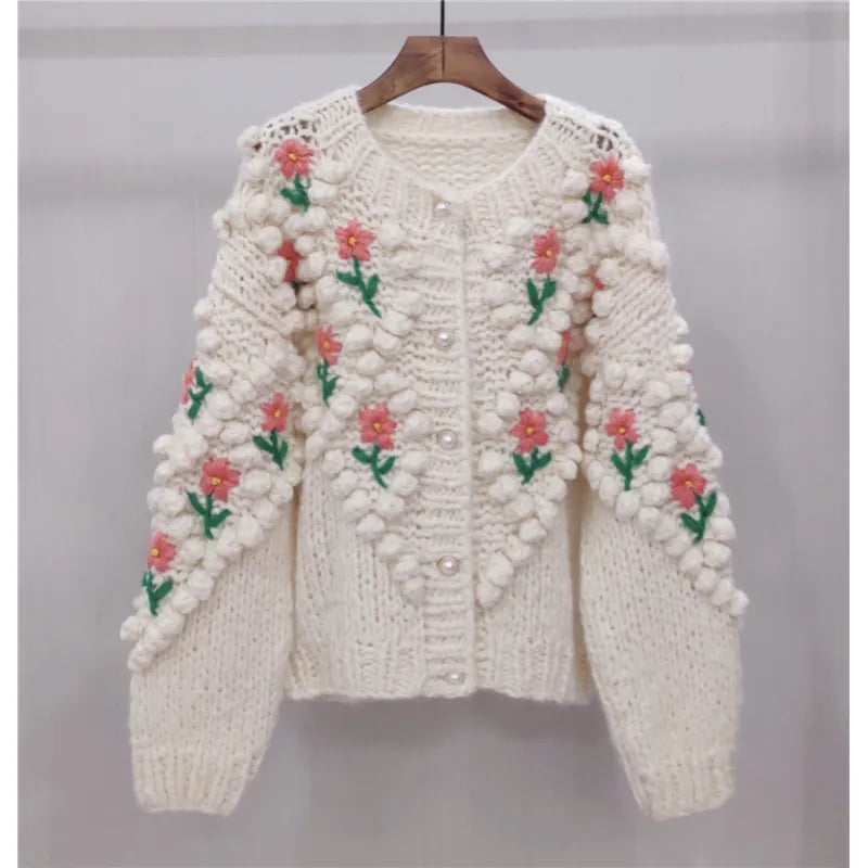 Women's Flower Embroidery Wool Sweater Coat