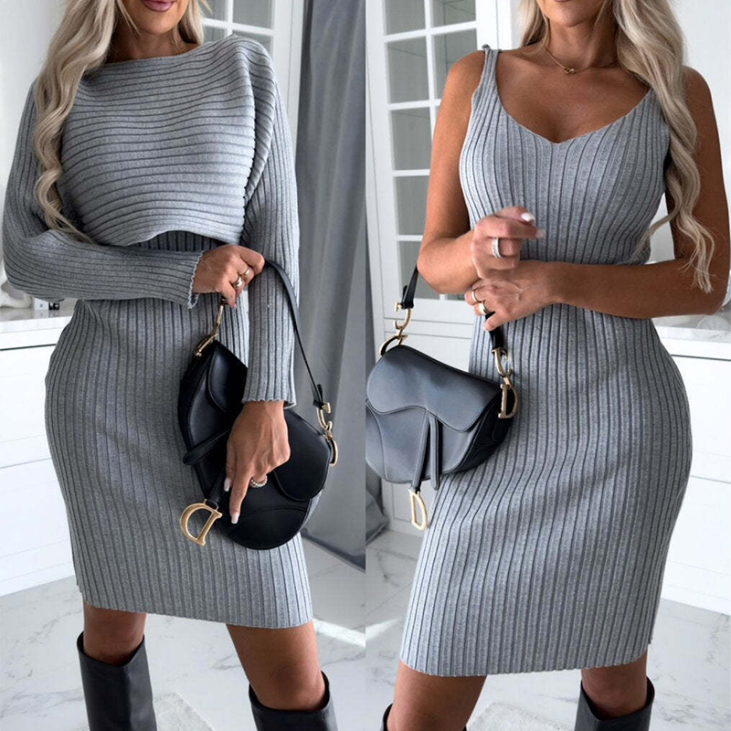 2-Piece Women's Autumn & Winter Solid Stripe Set – Long-Sleeved Top and Slim Suspender Skirt