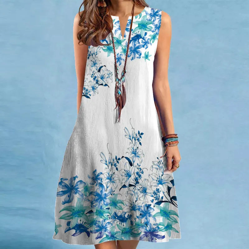 Sleeveless Floral Print Swing Dress with Wide Waist