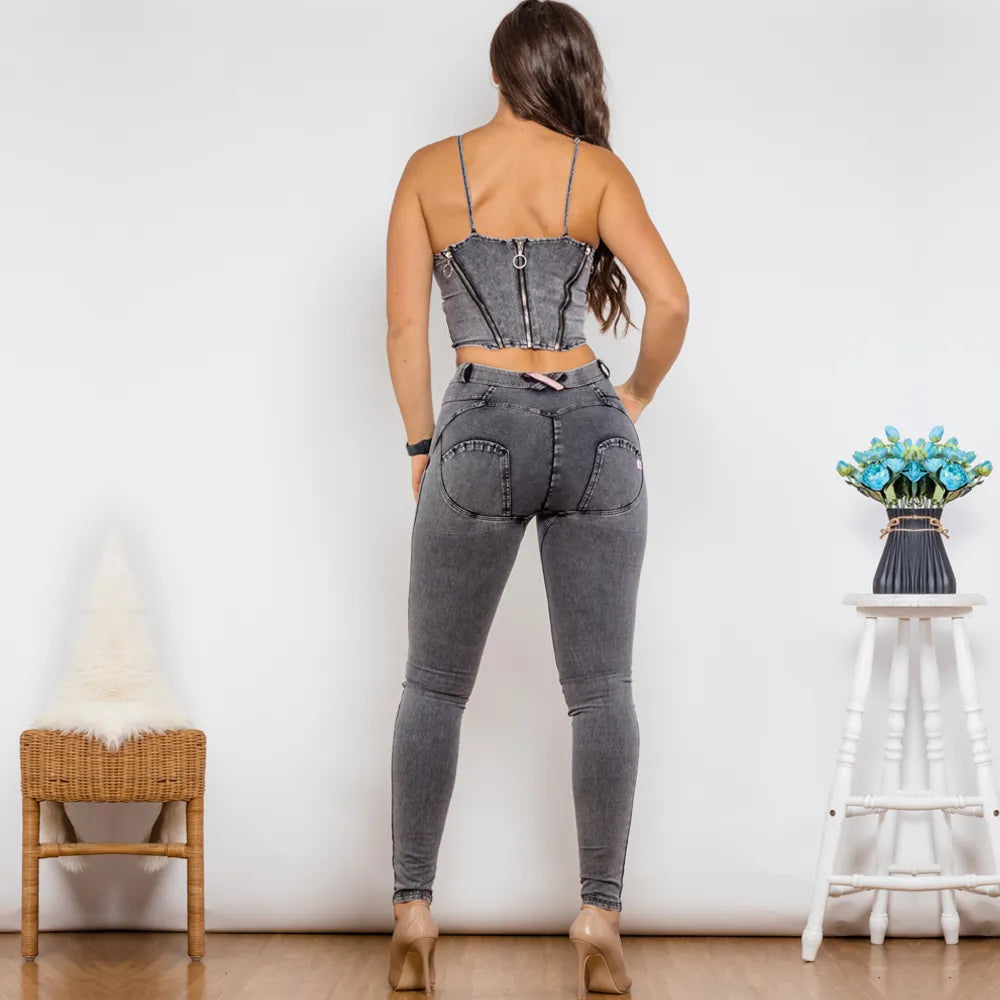 Grey Denim Zipper Shaper Push-Up Top & Middle-Waist Skinny Jeans Set – 2-Piece Elegant Outfit for Women