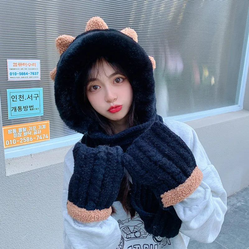 Winter Knitted Wool Scarf, Hat, & Gloves Set Cozy Imitation Rabbit Hair for Women