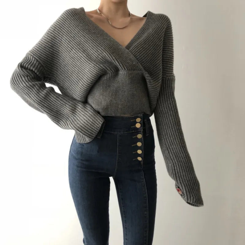 Women’s Cross V-Neck Pullover Sweater – Warm and Stylish Knitted Long Sleeve Top