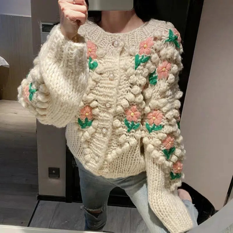 Women's Flower Embroidery Wool Sweater Coat