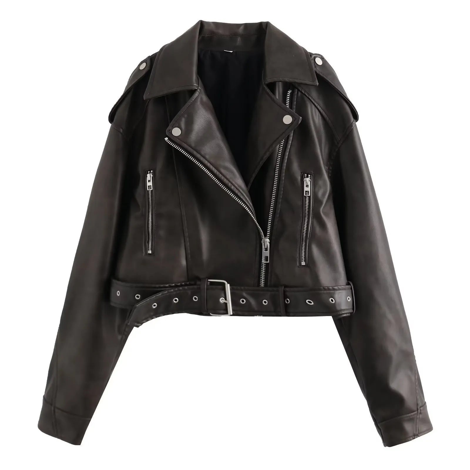 Women's Fashion Two-Tone Leather Distressed Lapel Baggy Coat