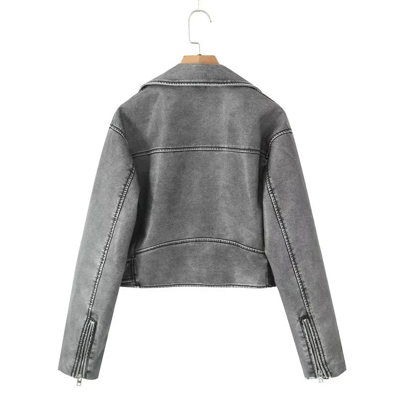 Women's Fashion Two-Tone Leather Distressed Lapel Baggy Coat