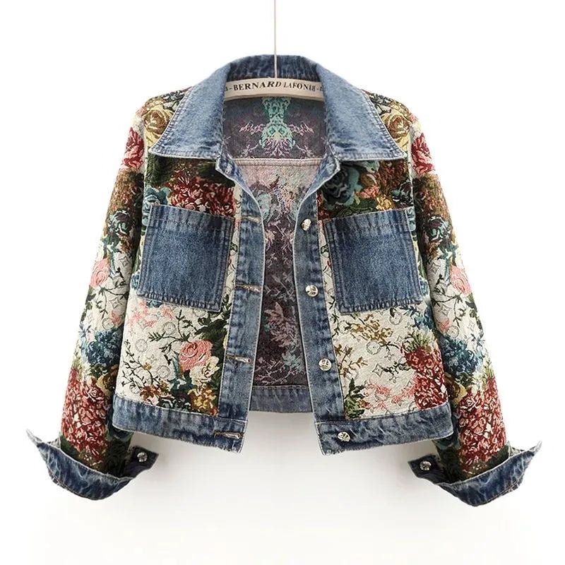 All-Match Printed Patchwork Long-Sleeves Lapel Denim Coat