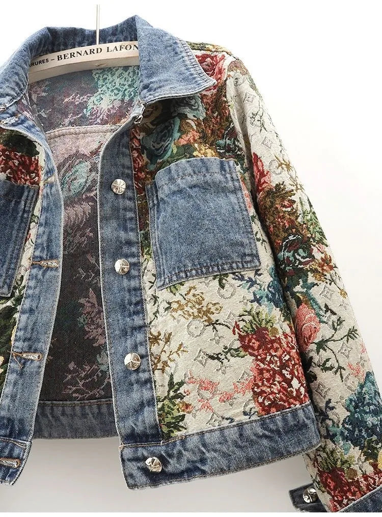 All-Match Printed Patchwork Long-Sleeves Lapel Denim Coat