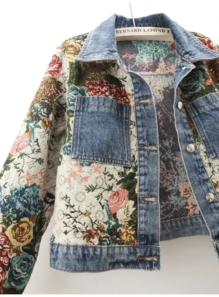 All-Match Printed Patchwork Long-Sleeves Lapel Denim Coat