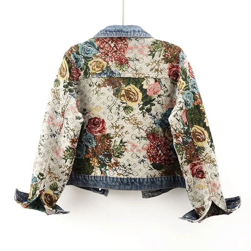 All-Match Printed Patchwork Long-Sleeves Lapel Denim Coat