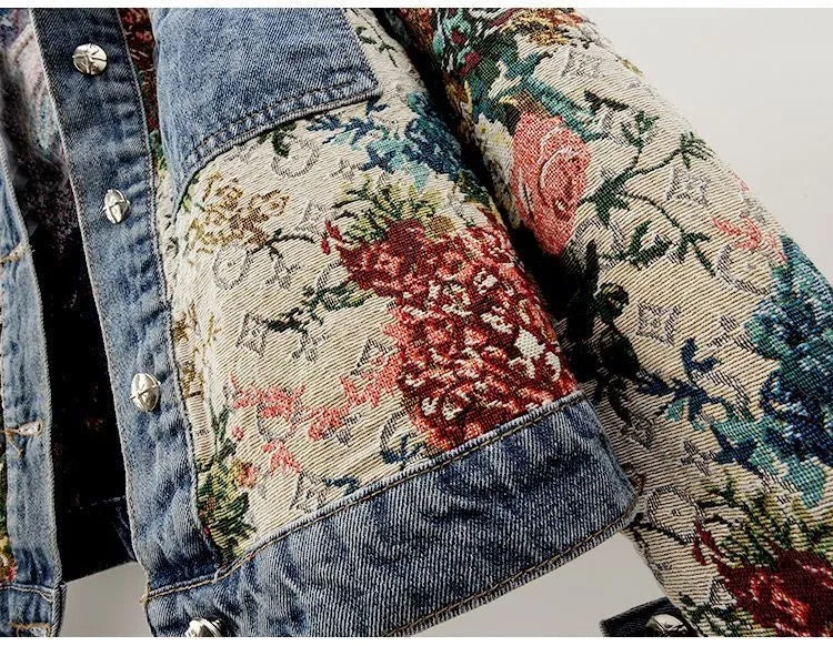 All-Match Printed Patchwork Long-Sleeves Lapel Denim Coat