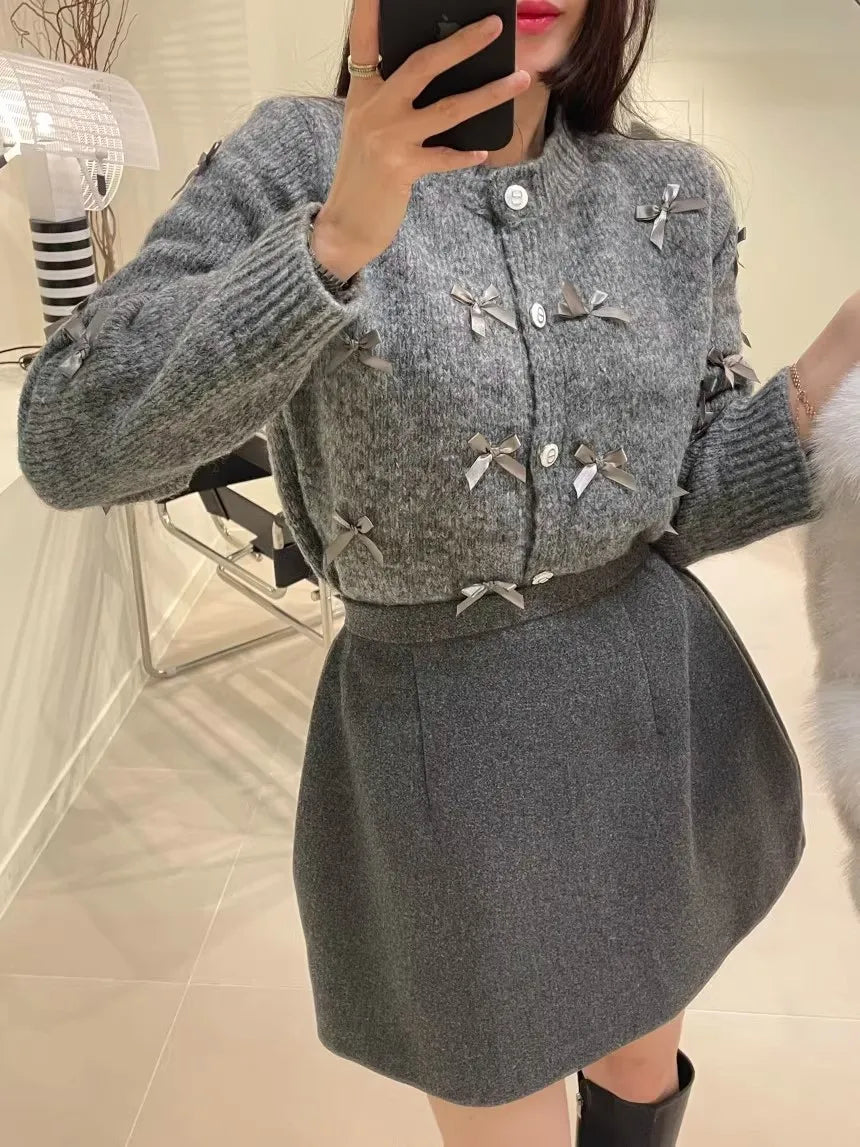 Round Neck Bowknot Decorative Loose Knitted Cardigan Sweater Coat for Women