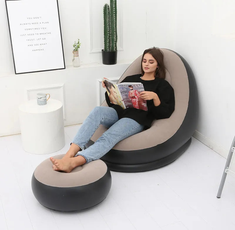 Thicker Inflatable Flocking Sofa with Footstool – Modern Lazy Sofa for Relaxation