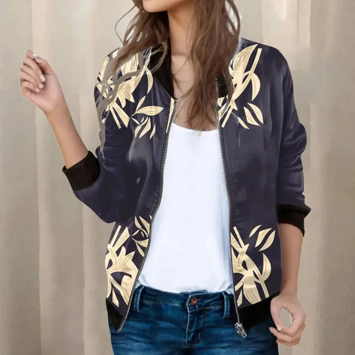 Women's Bird Print Long Sleeve Zipper Jacket – Stylish Slim-Fit Polyester Coat