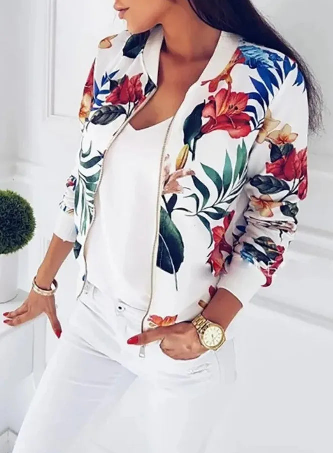 Women's Bird Print Long Sleeve Zipper Jacket – Stylish Slim-Fit Polyester Coat