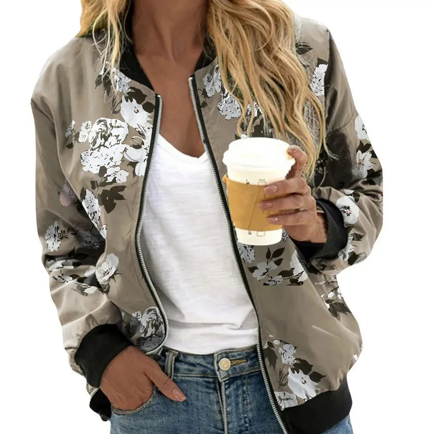 Women's Bird Print Long Sleeve Zipper Jacket – Stylish Slim-Fit Polyester Coat