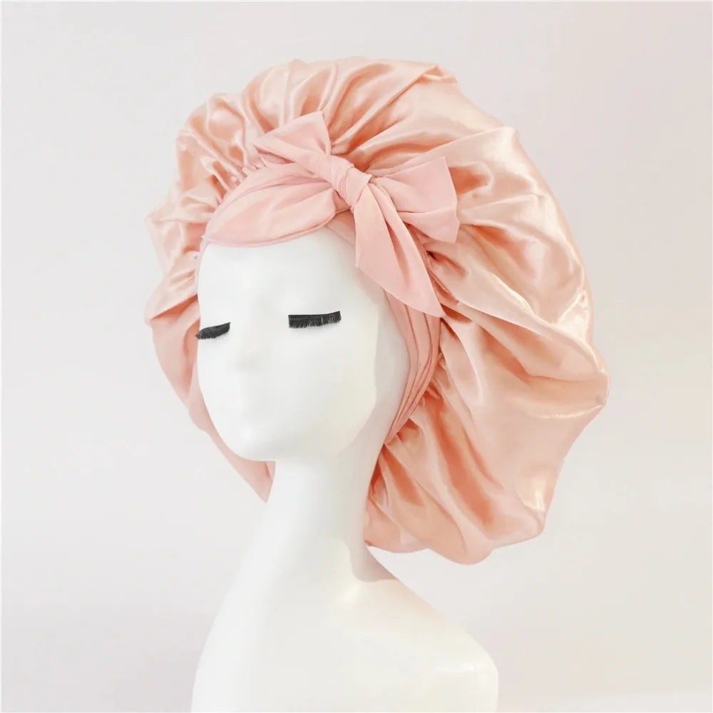 Silk Satin Bonnet for Sleeping Double-Layer Hair Protection Night Cap with Tie Band