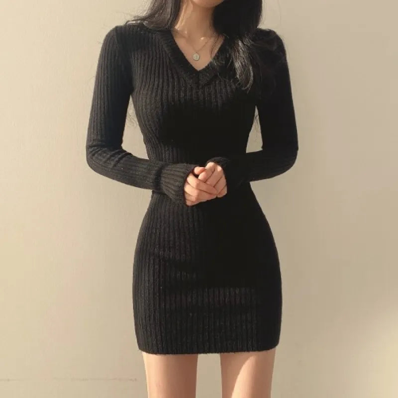 Women's V-Neck Knitted Sweater with Hip Wrap Skirt