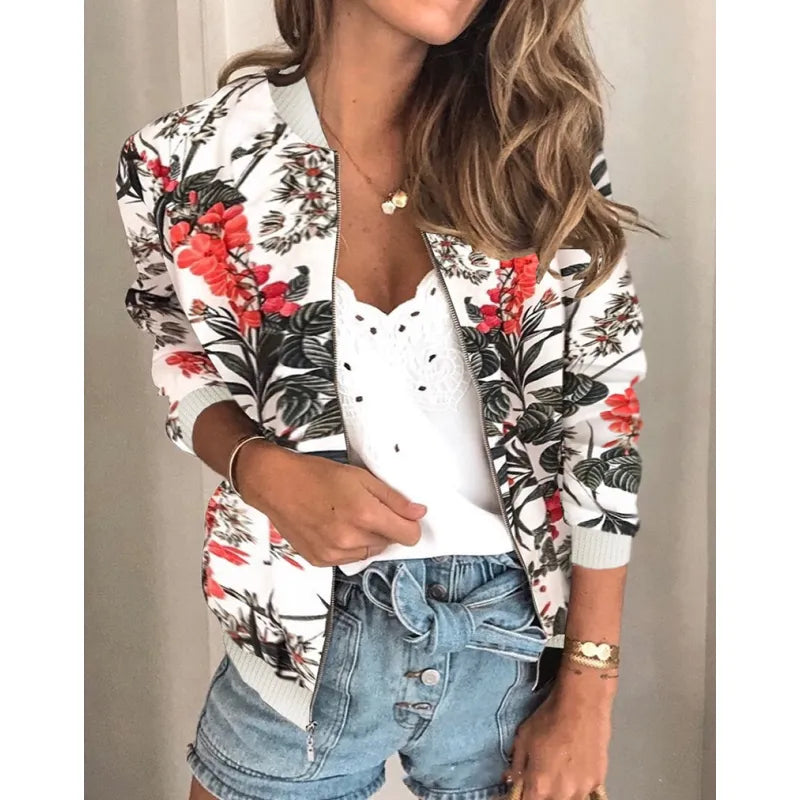 Women's Printed Baseball Uniform Zipper Cardigan – Trendy Polyester Jacket for Everyday Wear