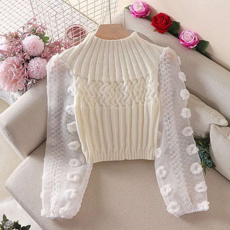 Women's Net Yarn Stitching Round Neck Slim-Fit Short Sweater