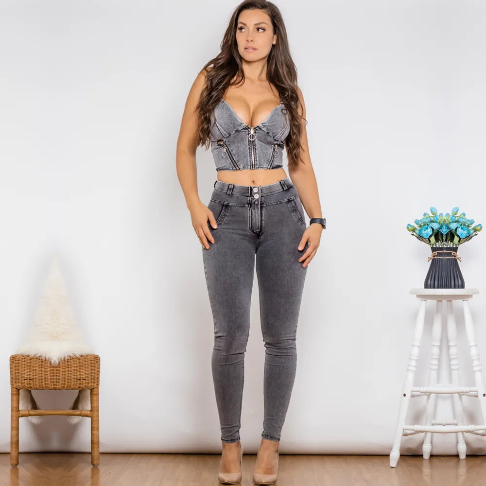 Grey Denim Zipper Shaper Push-Up Top & Middle-Waist Skinny Jeans Set – 2-Piece Elegant Outfit for Women