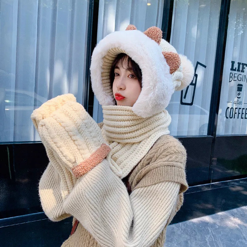 Winter Knitted Wool Scarf, Hat, & Gloves Set Cozy Imitation Rabbit Hair for Women