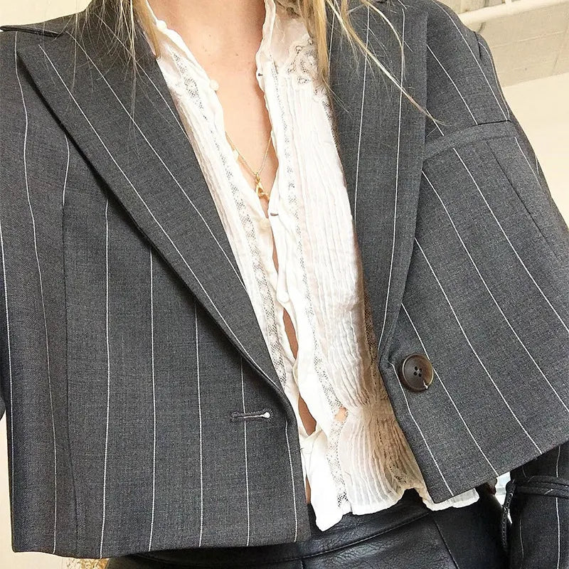 Elegant Long Sleeve Striped Double Button Crop Top – Trendy Office Lady Notched Jacket