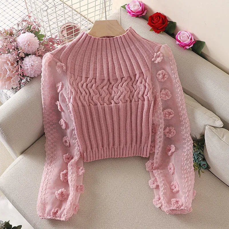 Women's Net Yarn Stitching Round Neck Slim-Fit Short Sweater