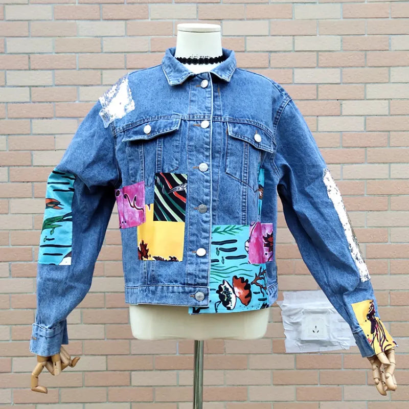 Bohemian Denim Jacket with Cartoon Print