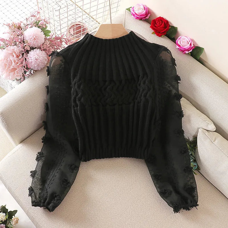 Women's Net Yarn Stitching Round Neck Slim-Fit Short Sweater