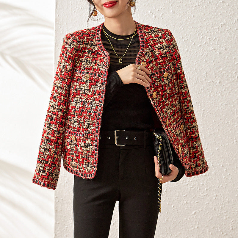 Women's Celebrity-Style Red Tweed Short Jacket – Elegant Round Neck Design for Chic Outfits