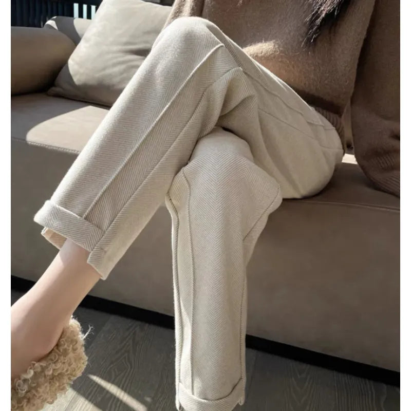 Women's High-Waist Woolen Cigarette Pants – Thickened Cropped Pants for Autumn and Winter